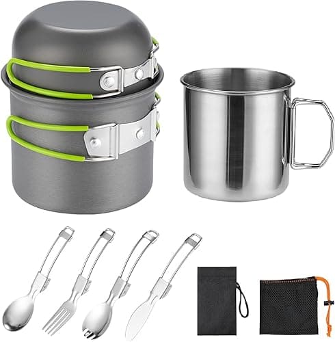 ISFORU Camping Cookware Mess Kit for 1 People,ISFORU Camping Non-stick Cooking Set include Backpack Pot and Pan Set with 304 Stainless Steel Cup and Utensil Set for Traveling Trekking and Hiking - Cookware