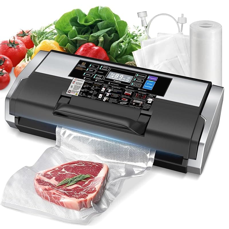 MZROT 95 kPa Vacuum Sealer Machine, Food Vacuum Sealer with Double Heat Seal 230W 10-In-1 Multi Modes Food Sealer Vac Pack Machine Set with Cutter, 1 Bag Roll & 15 Precut Bags and Accessory Hose - Vacuum Sealers