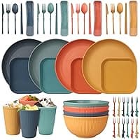 48pcs Unbreakable Dinnerware Sets for 4 People, Camping/Picnic Dinner Sets, Lightweight Colorful BBQ Plastic Serving Plates, Bowls, Cups,Cutlery Set, Forks,Tableware