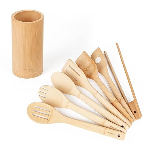 Naturoom Kitchen Utensils Set of 8 PCS, 12Inches Bamboo Wooden Cooking Spoon & Spatula Tools Perfect for Non-Stick Cookware (Bamboo 12inches) - Kitchen Tools Gadgets