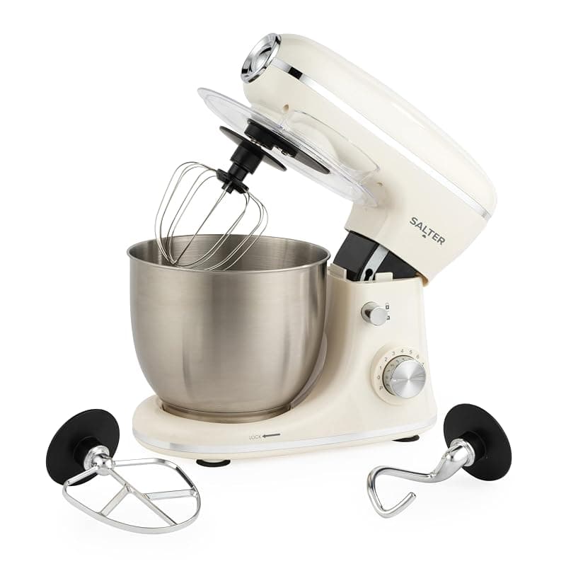 Salter Retro Cream Stand Mixer – 5L Electric Food Kitchen Mixer, Stainless Steel Removable Mixing Bowl, Accessories Included, Dough Hook, Wire Whisk, Beater, 8 Speed Settings & Pulse Function, 1300W - Stand Mixers