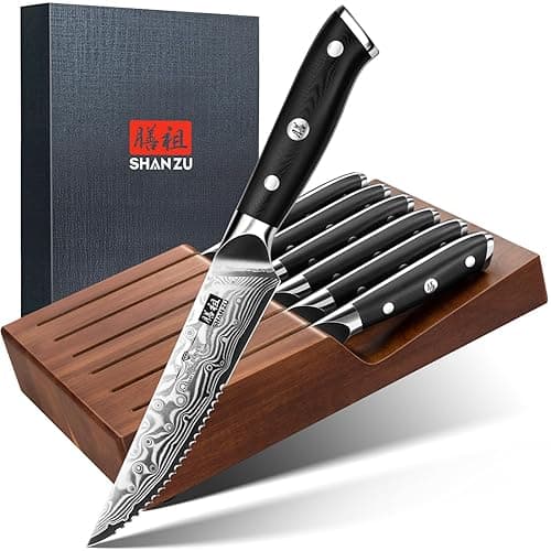 SHAN ZU Steak Knife Set of 7pcs, 11cm Damascus Steak Knife Set with Block, Japanese High Carbon Steel Kitchen Serrated Knives Set with Ergonomic G10 Handle and Gift Box - PRO Series