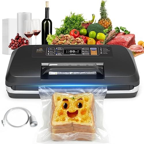 OidoZac 95KPa Powerful Vacuum Sealer Machine, 12-in-1 High-Speed Food Sealer, Dry&Moist Modes Smart Suction Vacuum Machine, Built-in Cutter, Easy-Lock Handle, Double Heat Seal, 1 Roll&10 Bags - Vacuum Sealers