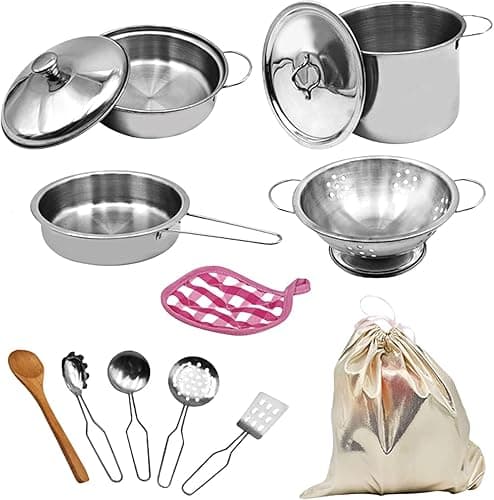 CocCCoon Kitchen Toys Toy Pots and Pans Set 12 PCS Stainless Steel Pretend Cooking Utensils Cookware Set Play Pots and Pans Toys Packed In a Golden Cloth Bag Chef Role Playset Cooking Set for aged 15+ - Kitchen Tools Gadgets