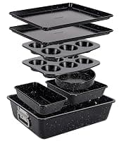NutriChef Baking Tray Set, 8-Piece Non-Stick Oven Bakeware, Stackable Trays with Cookie, Loaf, Pizza, Muffin, Cake, Round, Square Pans, Durable Kitchen Set (Black Marble) — Bakeware deal