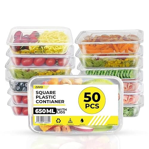 Zuvo Plastic Food Containers 650 ml with Lids, 50 Pack, Reusable - Food Storage