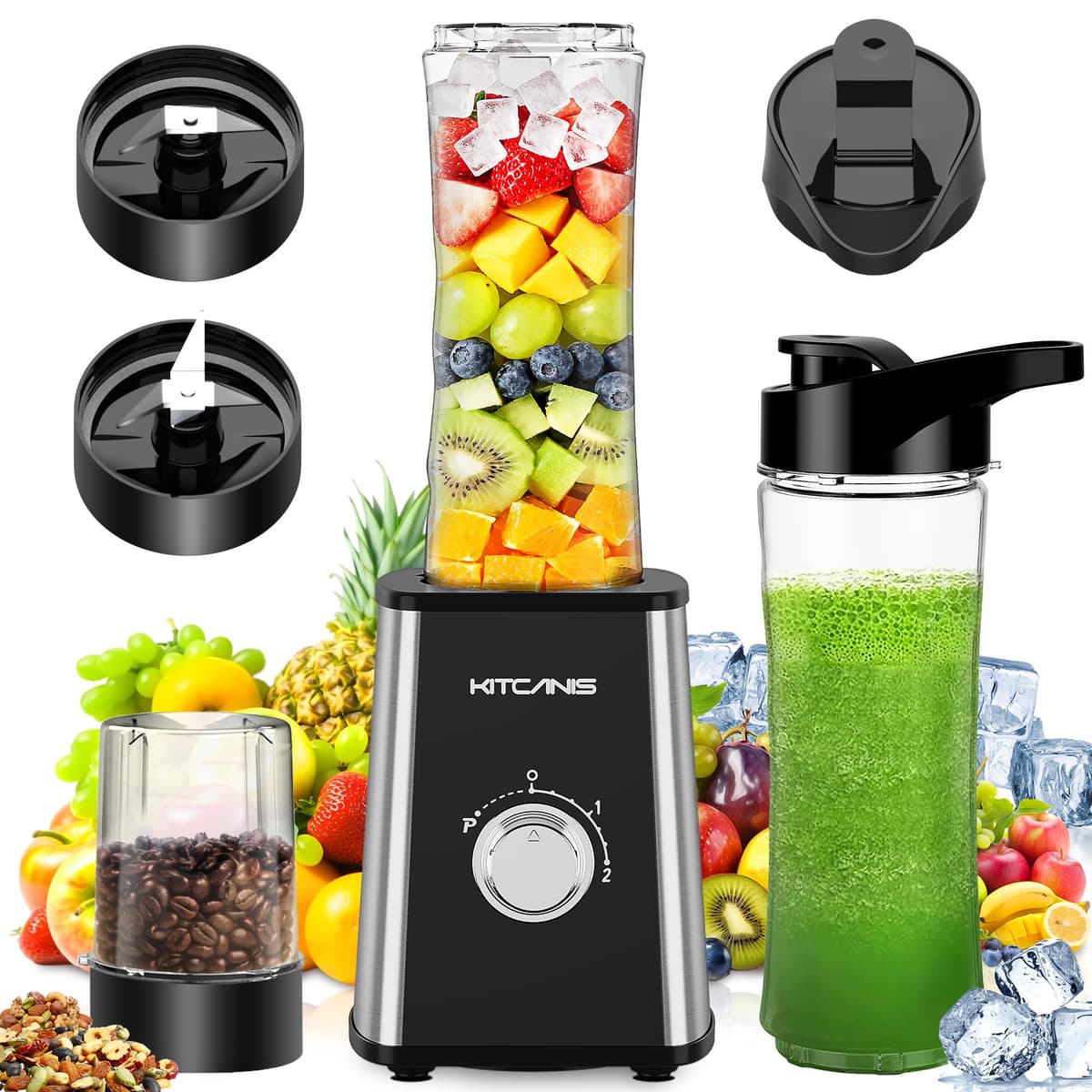 KITCANIS Mixer Smoothie Maker 800W, 3 in 1 Multifunctional Smoothie Blender with 3 Adjustable Speeds, 600ML Portable Bottle and 300ML Grinding Cup for Ice, Fruit, Vegetable, nut, BPA-Free - Blenders