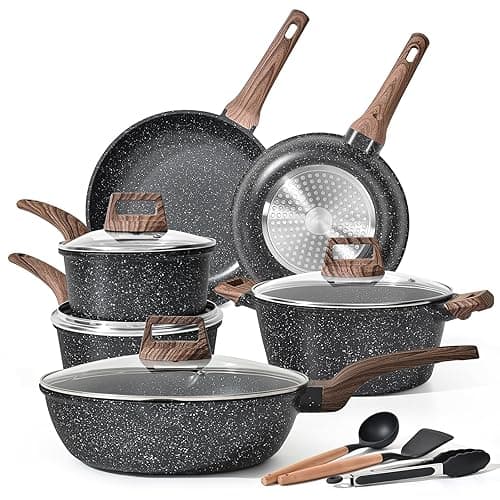 Terlulu Induction Hob Pots and Pans Set - 13pcs Nonstick Cooking Pans Set, Black Granite Cookware Set with Lid, Non Stick Saucepan Set, Frying Pan Set, PFOS & PFOA Free - Cookware